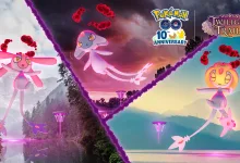 Dynamax Uxie, Mesprit, and Azelf appear in three Pokémon GO scenes with Max Battle scenery and Twilight Trails artwork.