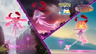 Dynamax Uxie, Mesprit, and Azelf appear in three Pokémon GO scenes with Max Battle scenery and Twilight Trails artwork.