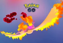 Dynamax Moltres flies through the air with flaming wings in Pokémon GO.