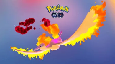 Dynamax Moltres flies through the air with flaming wings in Pokémon GO.