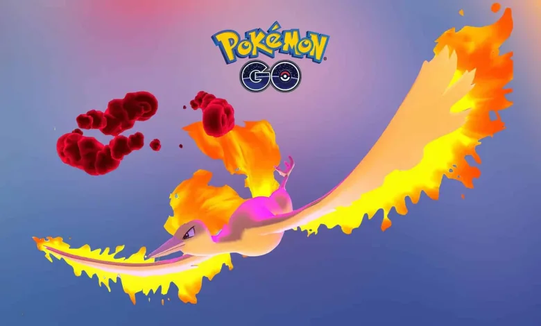 Dynamax Moltres flies through the air with flaming wings in Pokémon GO.