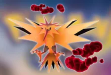 Dynamax Zapdos shown in Pokémon GO with red Dynamax clouds around it.