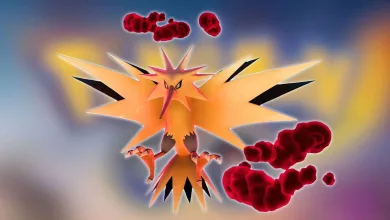 Dynamax Zapdos shown in Pokémon GO with red Dynamax clouds around it.