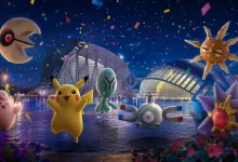 Pikachu and other Pokémon gather amid confetti before Valencia’s illuminated City of Arts and Sciences.