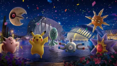 Pikachu and other Pokémon gather amid confetti before Valencia’s illuminated City of Arts and Sciences.