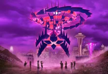 Eternamax Eternatus towers above a city as Trainers gather below.
