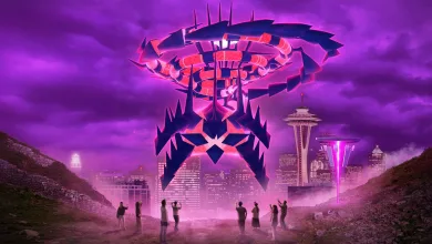 Eternamax Eternatus towers above a city as Trainers gather below.