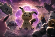 Mimikyu stands behind a glowing purple shield as several Pokémon opponents close in.