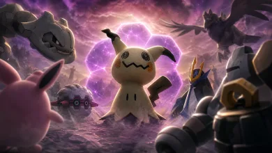 Mimikyu stands behind a glowing purple shield as several Pokémon opponents close in.