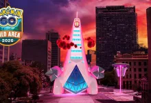 Gigantamax Duraludon towers over a city plaza at sunset, with Pokémon GO Wild Area 2026 branding in the corner.