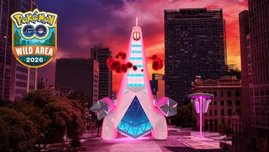 Gigantamax Duraludon towers over a city plaza at sunset, with Pokémon GO Wild Area 2026 branding in the corner.