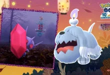 Greavard stands in the foreground of a Halloween-themed Pokémon GO scene, with Sableye shown in an inset.