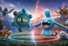 Bronzor and Wynaut face off on a glowing battle field as other Pokémon watch.