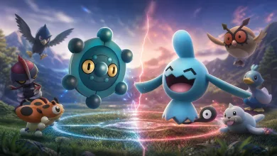 Bronzor and Wynaut face off on a glowing battle field as other Pokémon watch.