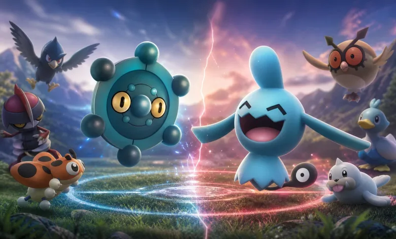 Bronzor and Wynaut face off on a glowing battle field as other Pokémon watch.