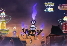 Chandelure floats above rooftops between Pokémon GO Gyms at dusk.