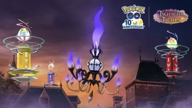 Chandelure floats above rooftops between Pokémon GO Gyms at dusk.