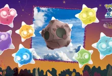 Minior in Meteor Form appears at the center, surrounded by colorful Minior forms against a sky-themed Pokémon GO event background.