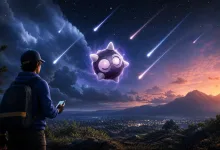 A player checks a phone while a Minior-like Pokémon floats beneath streaking meteors over a city at dusk.