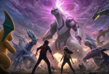 Two trainers face a towering Palkia with other Pokémon during a dramatic raid battle.