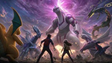 Two trainers face a towering Palkia with other Pokémon during a dramatic raid battle.