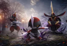Pawniard stands in the foreground with Bisharp and Kingambit behind it in a shadowy park.