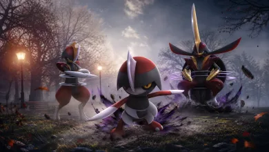 Pawniard stands in the foreground with Bisharp and Kingambit behind it in a shadowy park.