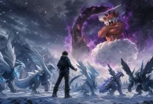 A lone trainer faces a purple-aura Landorus above a cloud as icy dragon-like Pokémon stand nearby in the snow.