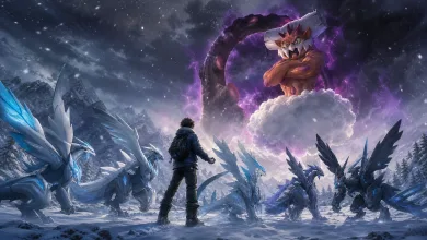 A lone trainer faces a purple-aura Landorus above a cloud as icy dragon-like Pokémon stand nearby in the snow.