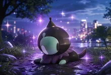 A dark purple Shroodle with a mint-green face sits amid violet sparkles in a nighttime city park.