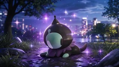 A dark purple Shroodle with a mint-green face sits amid violet sparkles in a nighttime city park.