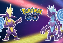 Two Toxtricity forms stand beside blue PokéStop symbols and the Pokémon GO logo against a colorful gradient.