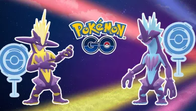 Two Toxtricity forms stand beside blue PokéStop symbols and the Pokémon GO logo against a colorful gradient.