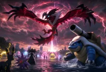 Yveltal flies above Mega Blastoise as Pokémon battle in a stormy raid scene.