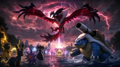 Yveltal flies above Mega Blastoise as Pokémon battle in a stormy raid scene.