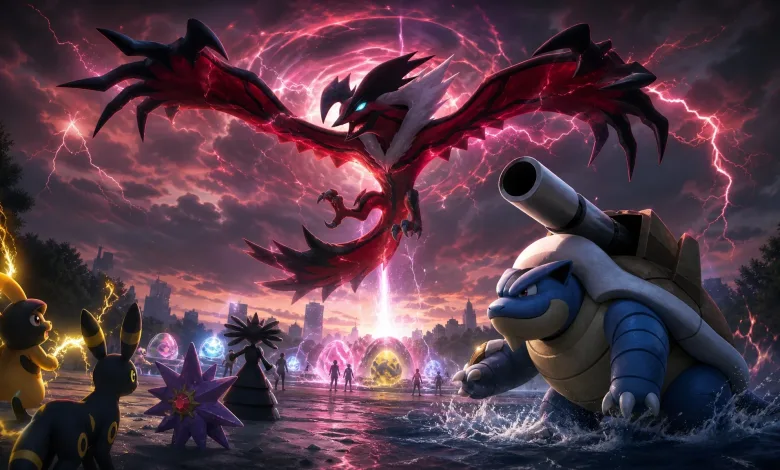 Yveltal flies above Mega Blastoise as Pokémon battle in a stormy raid scene.