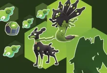 Illustrations of Zygarde forms surrounded by green Zygarde Cells.