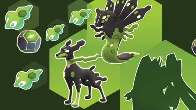 Illustrations of Zygarde forms surrounded by green Zygarde Cells.