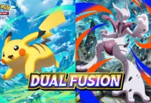 Pikachu and Mega Mewtwo X appear in Pokémon TCG Pocket Dual Fusion artwork.