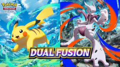 Pikachu and Mega Mewtwo X appear in Pokémon TCG Pocket Dual Fusion artwork.