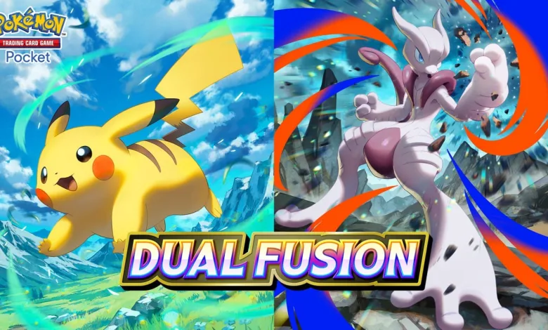 Pikachu and Mega Mewtwo X appear in Pokémon TCG Pocket Dual Fusion artwork.