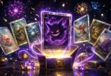 A glowing Gengar card rises from an open chest, surrounded by Pokémon cards and fireworks.