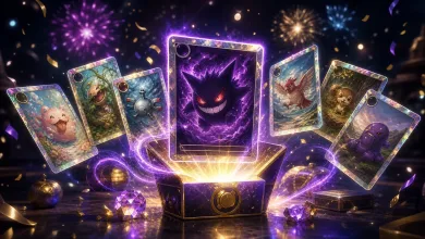 A glowing Gengar card rises from an open chest, surrounded by Pokémon cards and fireworks.