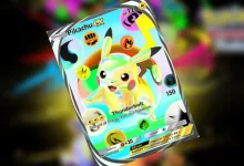 A colorful Pikachu ex trading card shown against a blurred background.