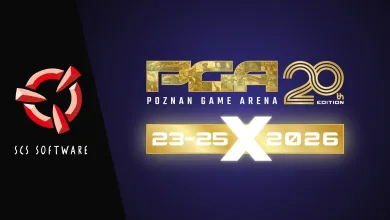 Poznań Game Arena 2026 graphic with the SCS Software logo and event dates, October 23–25.
