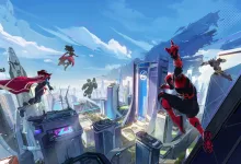 Spider-Man and other Marvel heroes leap across a futuristic cityscape.