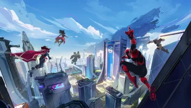 Spider-Man and other Marvel heroes leap across a futuristic cityscape.