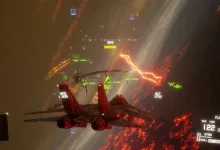 A fighter jet targets a formation of aircraft over a glowing lava field in Project Wingman.