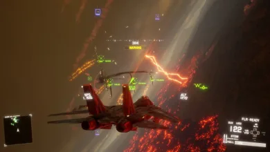 A fighter jet targets a formation of aircraft over a glowing lava field in Project Wingman.