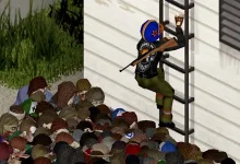 A survivor climbs a ladder attached to a building above a crowd of zombies.